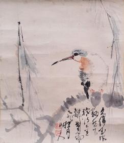 F 241号 被称为“最后的文人画家” 、南画大家、日本前南画院院长 （松林桂月 1876 - 1963）纸本手绘小幅精品花鸟 《柳上翡翠》 有木盒！整体尺寸 113.5×31.5厘米！