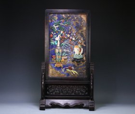 清代 案头雅器 紫檀框 青金石百宝嵌太平盛象博古插屏。尺寸67*36.5*22cm