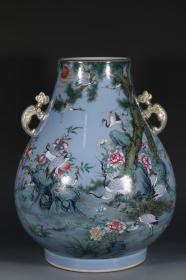 大清乾隆年制，天蓝釉粉彩十八学士福桶瓶，高：50cm，肚直径：40cm