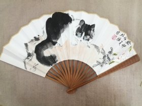 国画纯手绘猫趣一尺折扇一把