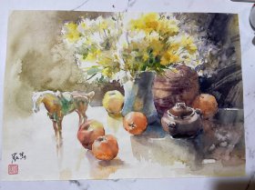 保真保手绘。水彩一张，品相如图。画心尺寸（52*37）cm，货号：L428