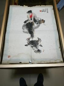 1977年 旅美画家 闻俊 水墨画“牧牛图”一幅，品可、纸本镜心、约1.4平尺、钤印：闻氏 骏，原装老裱、值得留存！