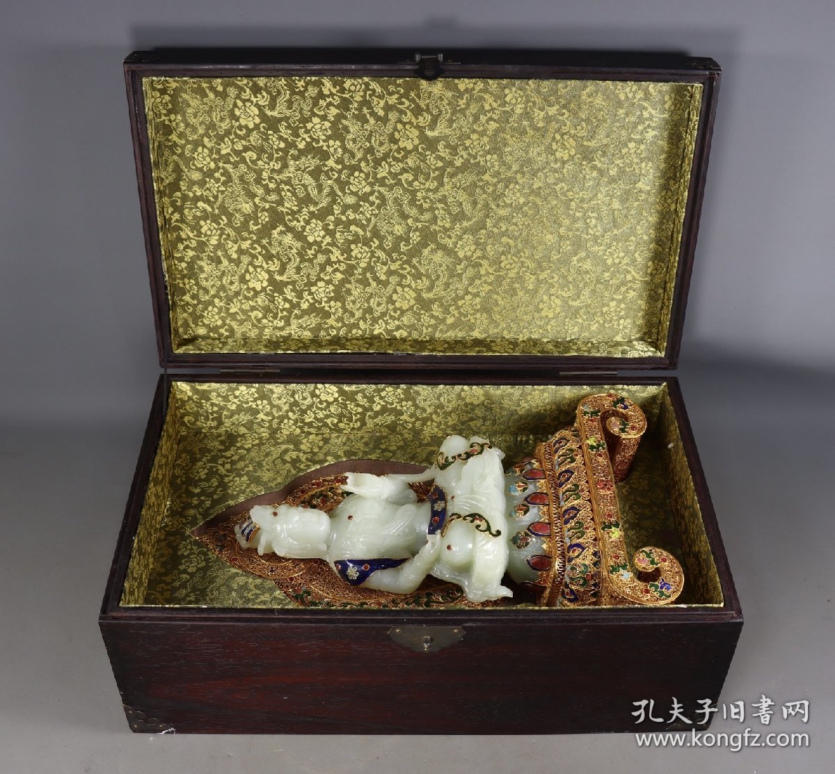 旧藏花丝鎏金镶嵌和田玉佛像一尊