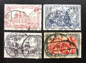 2-143德国1905-19年邮票 高值4全上品信销（柏林邮政总局大楼、南北联盟、揭幕威廉一世纪念碑、威廉二世在帝国25周年的讲话）2015斯科特目录36.25美元