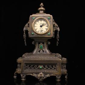 纯铜镶嵌宝石欧式古典钟表 拉丝老式机械发条闹钟 座钟家居装饰