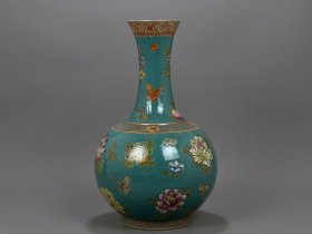 清乾隆松石釉珐琅彩花卉纹赏瓶 37x21厘米