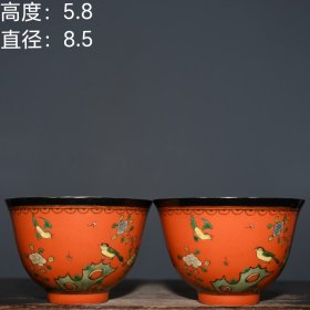 大清宣统年制珊瑚红釉粉彩花鸟纹描金主人杯一对。 高度：5.8厘米直径：8.5厘米