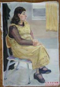手绘布面油画：晋泽宇《坐着的女子》（89x59）