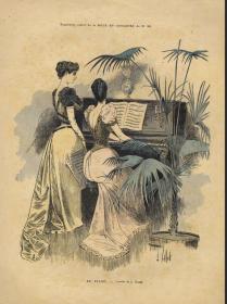 1890年法国套色石印版画收藏钢琴