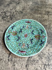 70年代左右，草帽款，12厘米绿地缠枝莲花小碟子一只y8