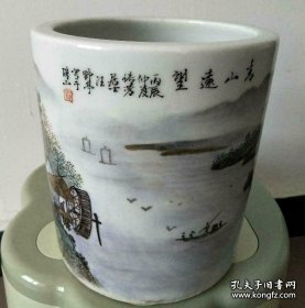 民国著名陶瓷画家汪野亭青绿山水笔筒