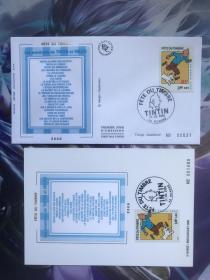 2000年法国发行的丁丁历险记邮票丝绸首日封和丝绸极限片，丝绸卡片上写的是丁丁历险记所有故事的名称，也可称之为目录。