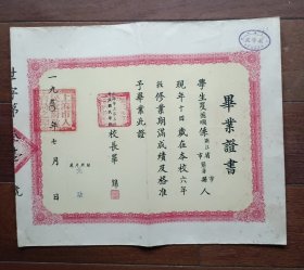 1950年上海市立第三区养正国民学校毕业证书（校长 华锦）