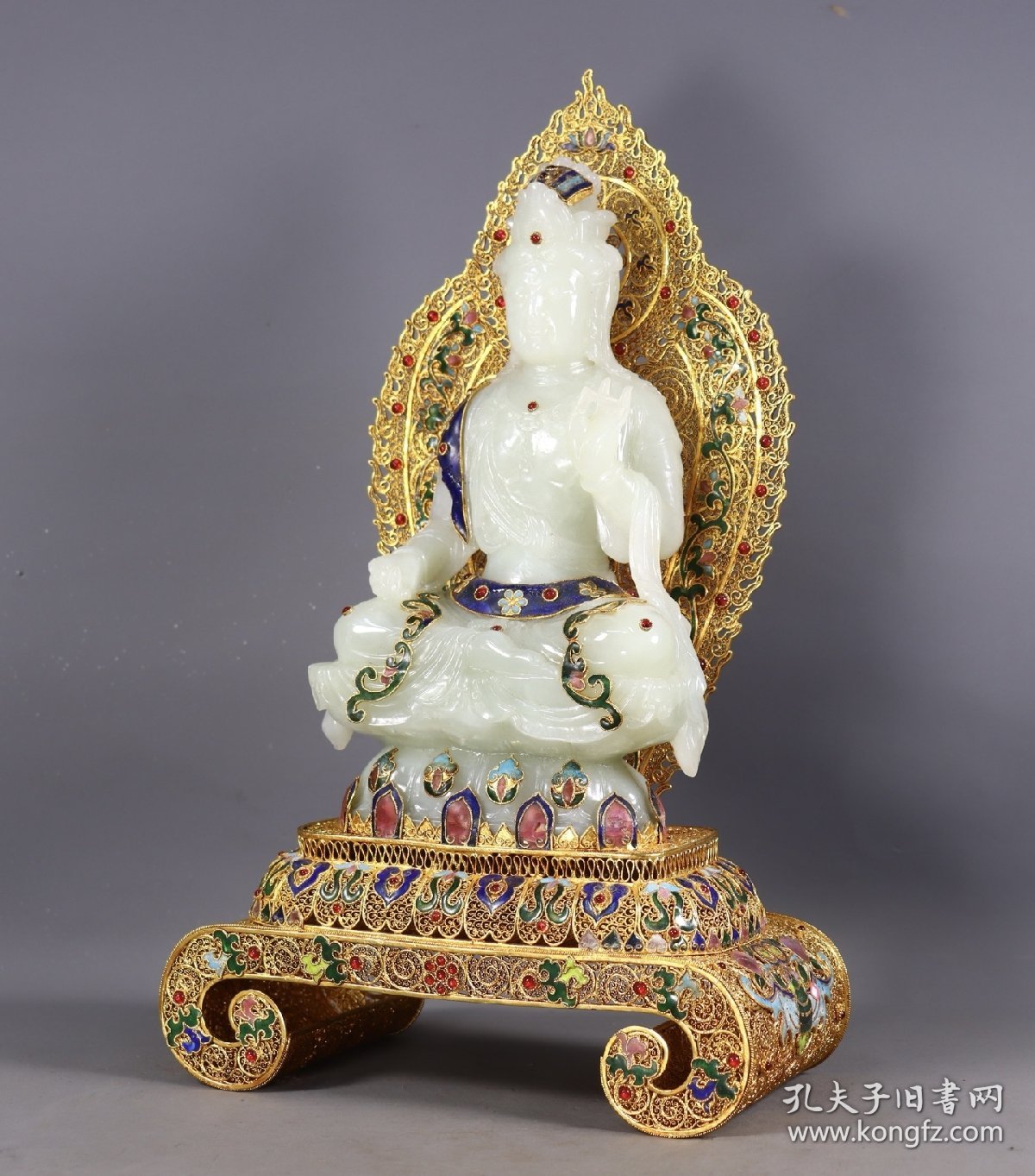 旧藏花丝鎏金镶嵌和田玉佛像一尊