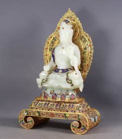 旧藏花丝鎏金镶嵌和田玉佛像一尊