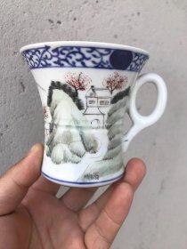 民国时期青花浅绛山水杯！全美品！