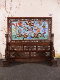 臣郎世宁恭绘！ 红木镂空雕花框镶珐琅彩掐金丝瓷板画《九龍献瑞》横插座屏！ 收藏送礼佳品