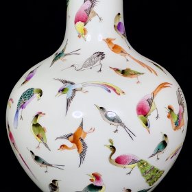 清雍正珐琅彩百鸟纹天球瓶2 33/23厘米