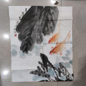 584  近代著名画家 黎明  鲤鱼图条幅  真迹  画的不错  裱好做个镜框应该非常漂亮