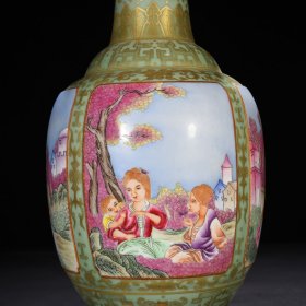 旧藏 清乾隆粉青釉珐琅彩描金西洋人物纹瓶 45*23厘米