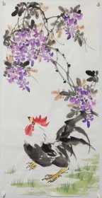 无款，纯手绘国画作品字画书画三尺条幅紫藤公鸡，2025年新货
