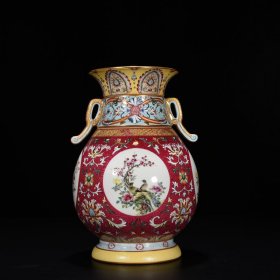 旧藏 清乾隆珐琅彩胭脂红轧道纹开窗四季花鸟纹转颈瓶 26.5*18厘米