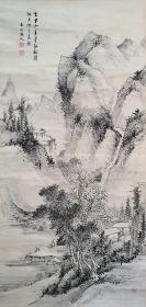F 189号 大幅绫裱 中林竹洞弟子（高桥杏邨 1805- 1868）纸本手绘水墨山水人物 轴头带工且大！画芯宽63厘米！