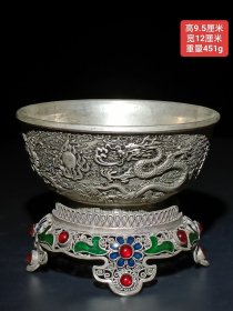 珍藏银掐丝烤蓝镶嵌宝石【龙凤】碗 做工精致讲究，品相完美。