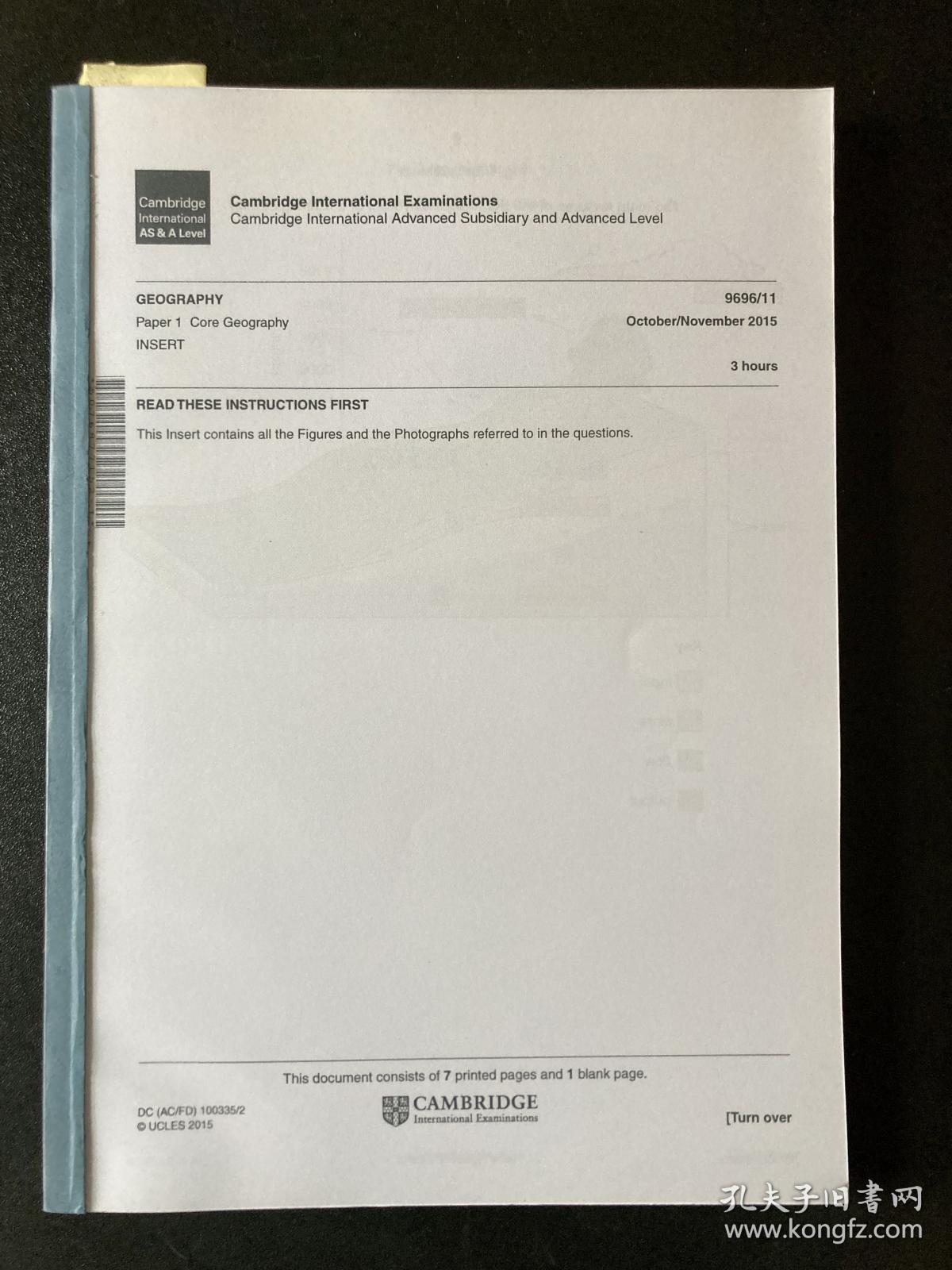 CIE AS and A-level Past Paper，Paper 1 Core Geography Insert Oct./Nov. 2015~May/June 2008
