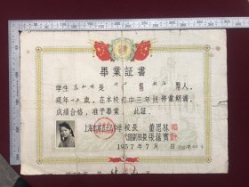 1957年上海市第五十八中学毕业证书，尺寸品相如图，150包邮。