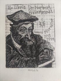 Jaroslav Horanek～世界名人墨卡托（Gerardus Mercator，1512年3月5日—1594年12月2日）荷兰地图学家。版画藏书票原作