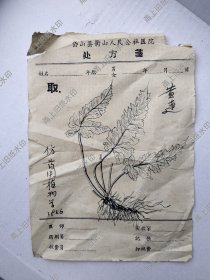 舟山市岱山县衢山人民公社医院处方笺一张，上面画的是黄莲。1956年。