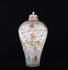 元代沥粉描金萧何月下追韩信人物故事纹梅瓶，高49×26厘米