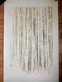 任戬1981年在鲁迅美术学院求学期间国画作品《白桦林》，任教授是85新潮美术运动的见证者和践行者，其作品《集·邮》曾被刘益谦的上海龙美术馆收藏。包顺丰快递发货。