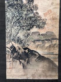 川端玉章 画155回流绢本【田园图】畫芯34×115厘米，品相如图，老旧，水印脱胶，绢本绫裱原装原裱，实木軸頭，值得收藏！