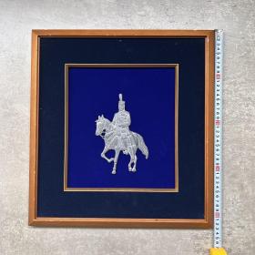 日本回流中古锡板画 明治大帝骑马雕像 榫卯实木画框
