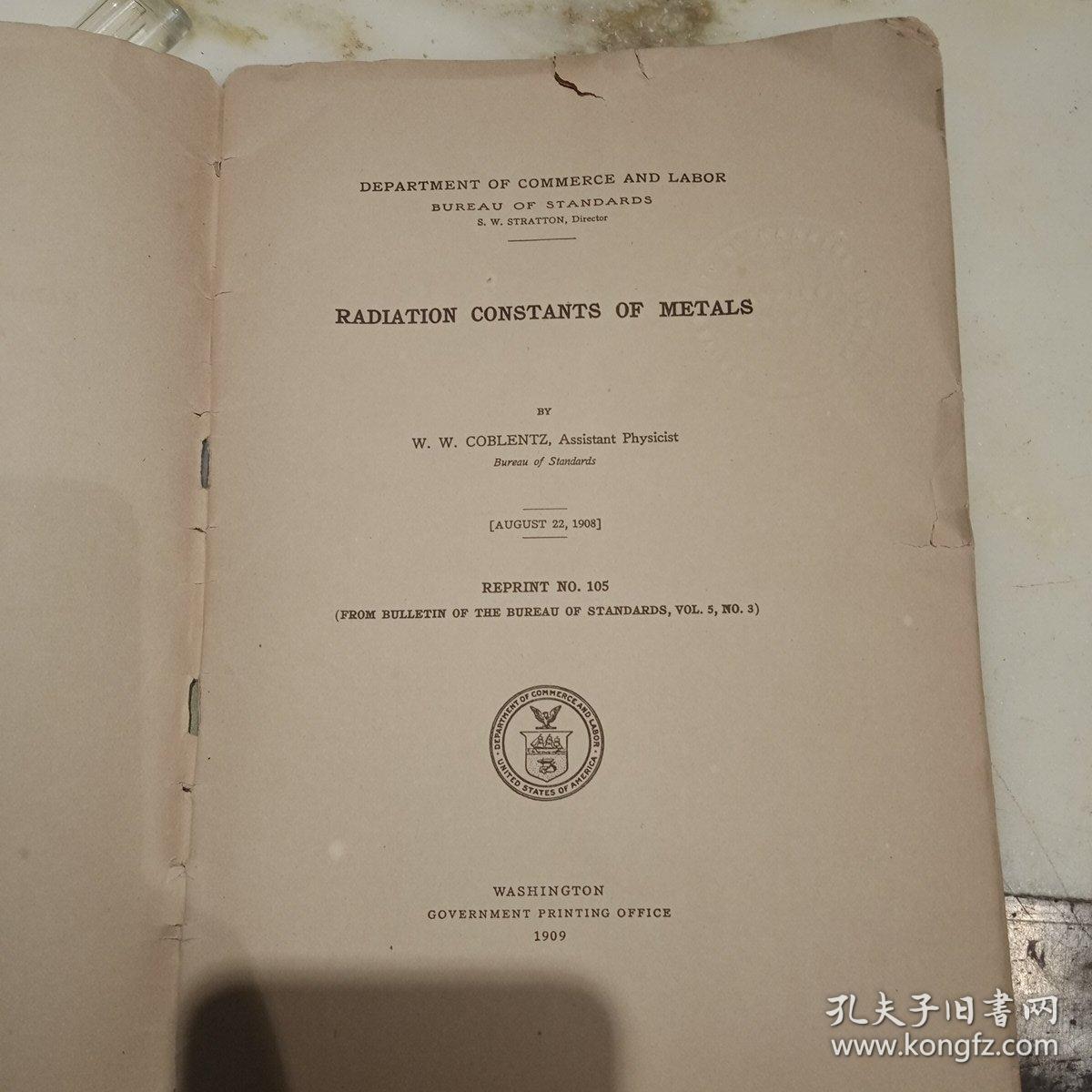 1909年出版英文原版旧书RADLATION CONSTANTS OF METALS