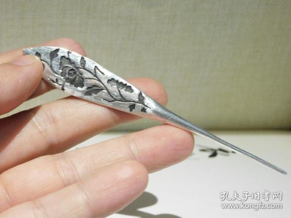 银发簪，手工银发簪，富贵折枝牡丹图案银发簪