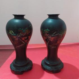 漆器花瓶一对 二龙戏珠 尺寸高约23cm