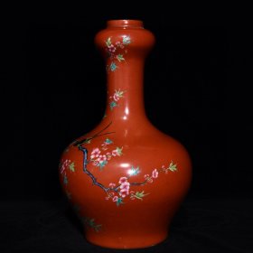 雍正矾红粉彩喜鹊闹梅纹蒜头瓶，高32cm直径20cm