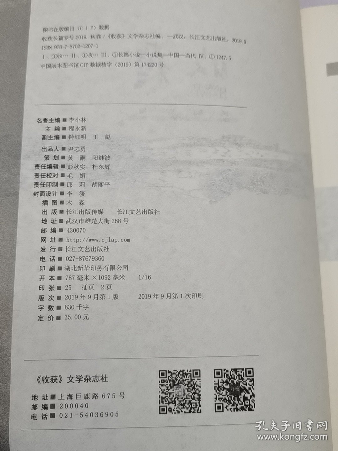 收获长篇专号2019秋卷