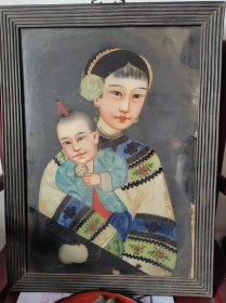 古玩旧藏清代美人镜玻璃画 全品单只