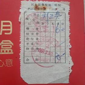 1960年3月8日，河北医学院第二医院，门诊收费收据。（2-9，生日票据，医疗医院类）