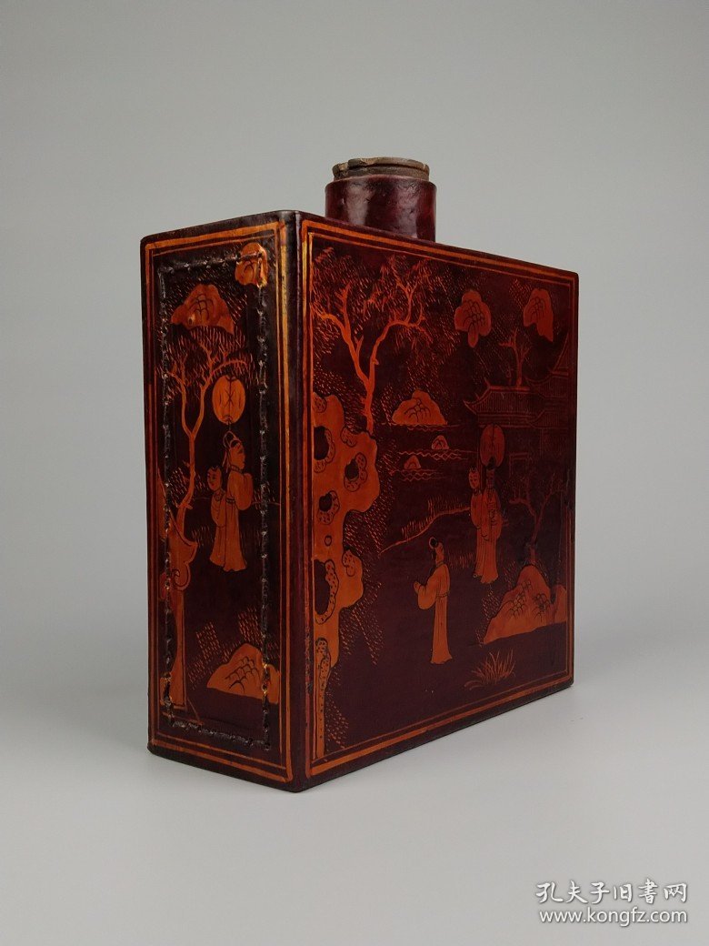 旧藏 【茶食罐】 大漆人物描金，牛皮包边，全品完整，尺寸如图！