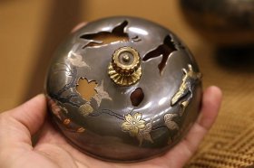日本纯手工纯银鎏金高浮雕松鹤纹香炉
