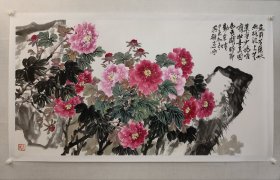 浙派名家，蒋和武六尺整纸牡丹国画《唯有牡丹真国色》97*181cm，纸本托片。蒋和武，1964年生，浙江画院创研员，湖州市美协副主席，安吉美协主席，中国美院高研班助教。（保真书画）