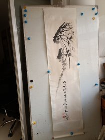 松石山民应均，水墨手绘兰花长条一副，立轴旧裱，画心尺寸138x34厘米