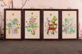 臣郎世宁恭绘！ 红木镶白底珐琅彩掐金丝瓷板画中堂挂屏一组！！ 《福禄寿喜》 收藏送礼佳品