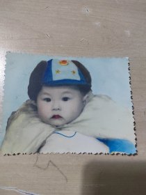 五十年代上色老照片 小孩 帽徽五角星11.5X9