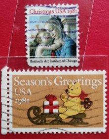 美国邮票 1981年 圣诞节 圣母子 小熊 2全信销